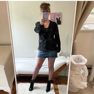 NWT BLACK SEQUIN BLAZER BUTTON FRONT FAUX FLAP POCKETS JACKET